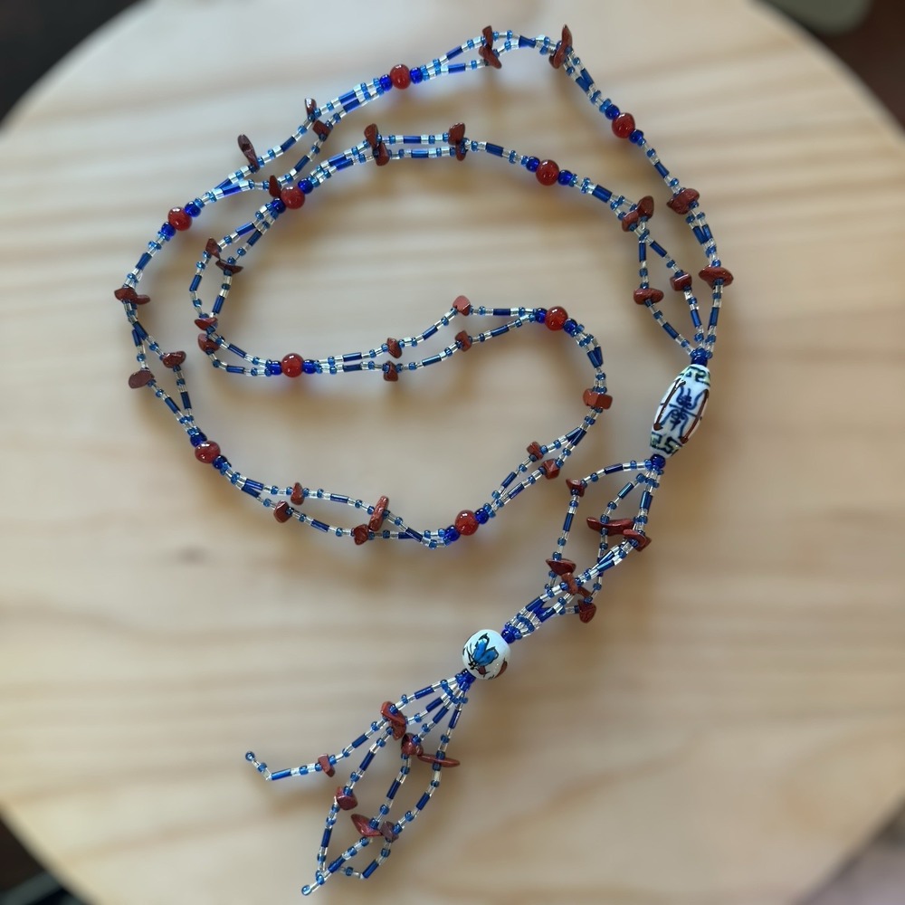 Vintage Artisan Bead Necklace 20 Inch Jasper Chips Asian Porcelain Cobalt Clear